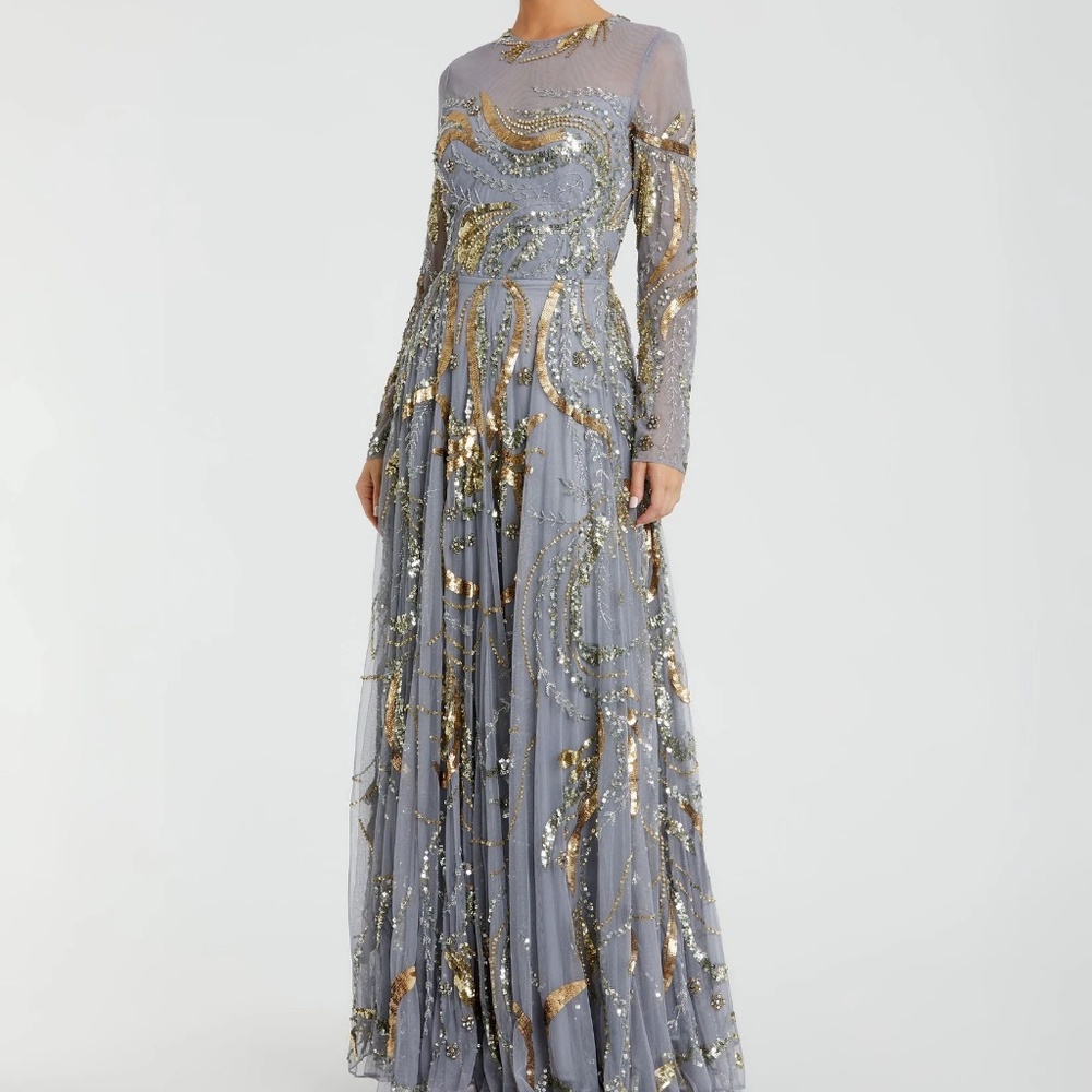 MAC DUGGAL Blue and Gold Long Sleeve Embellished Illusion Evening Gown